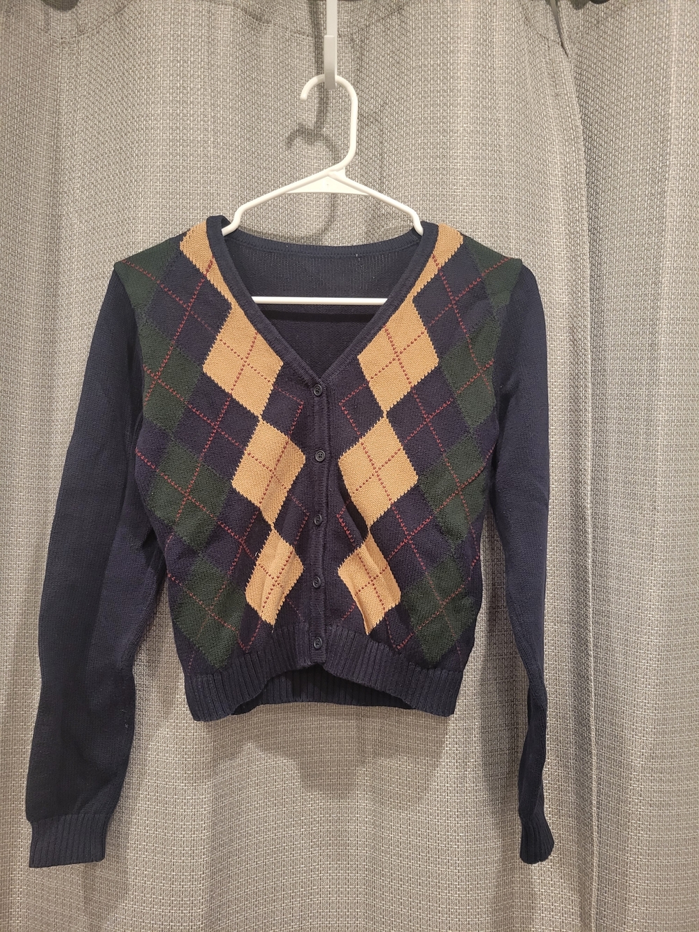 Brandy Melville Navy Argyle V-Neck Cardigan with Tan and Green Diamonds